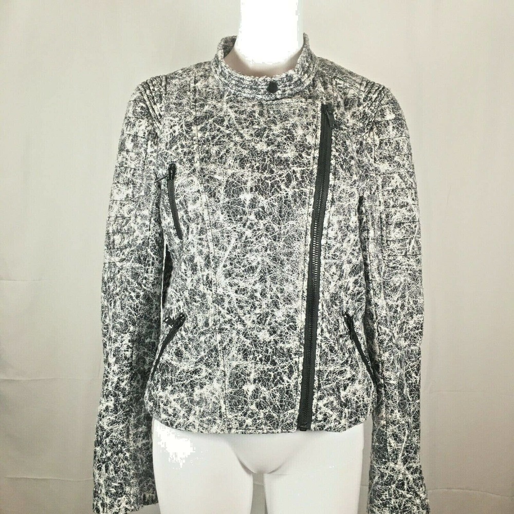Sam Edelman Jacket Womens‎ Sz L Black White Static Textured Full Zip Biker Moto